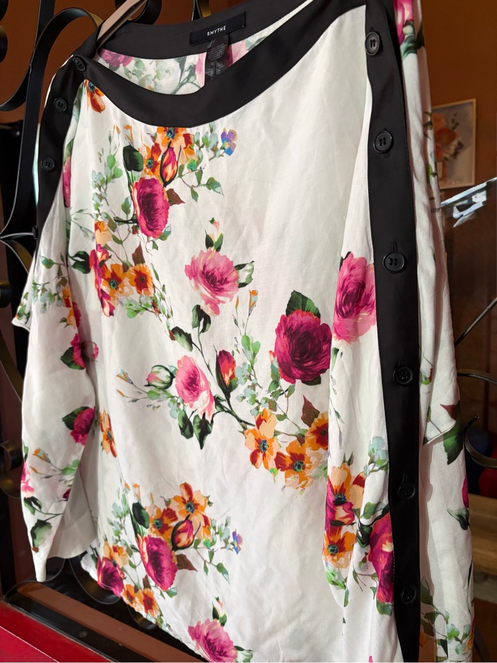 Smythe Oversized Floral Button-Trim Blouse
